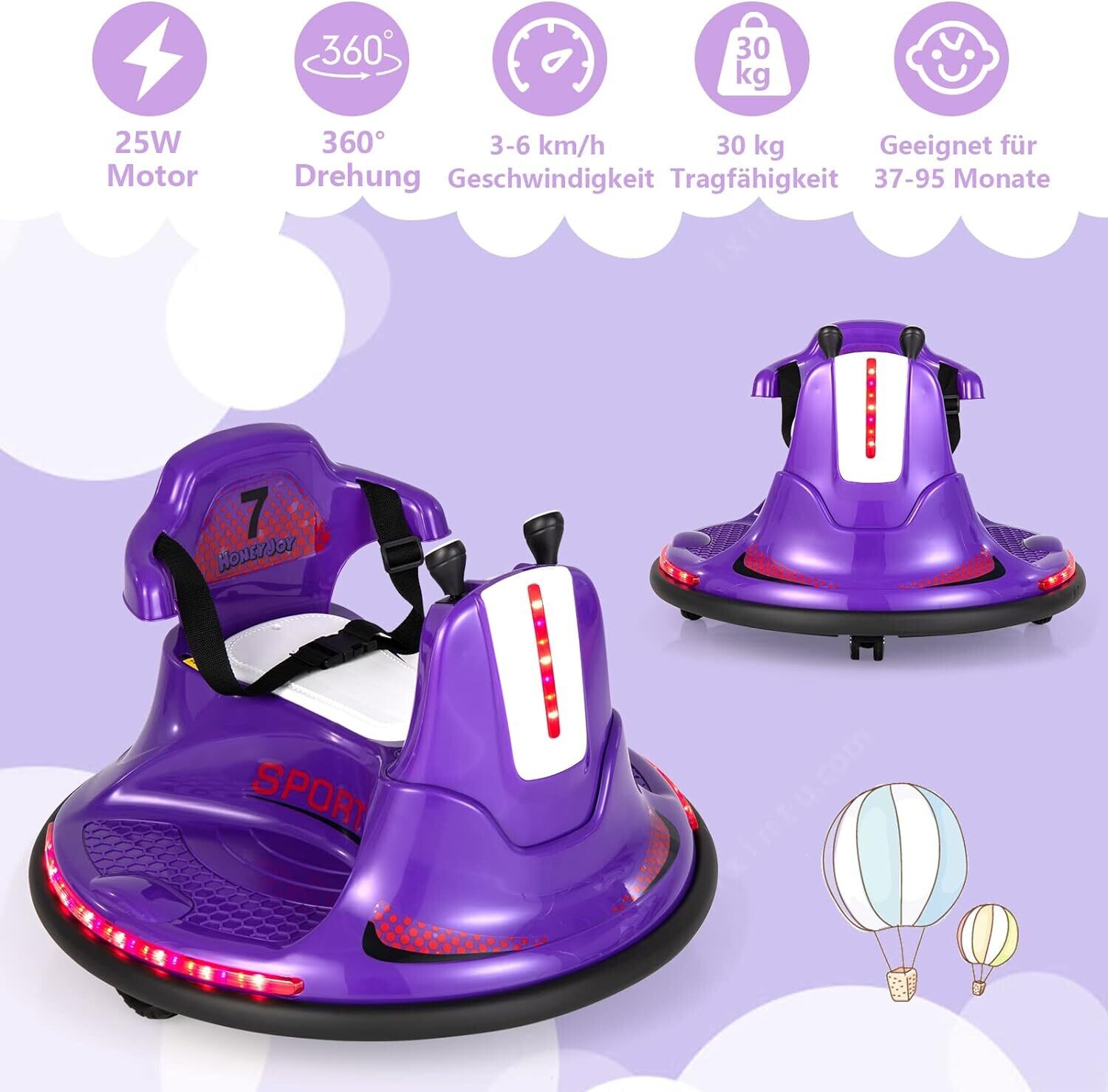 6V Electric Bumper Car for Kids, Double Joystick, 2 Driving Modes, 2.4 GHz Remote Control, 360° Rotation, LED Lights, Adjustable Seat Belt, 3-6 km/h Speed