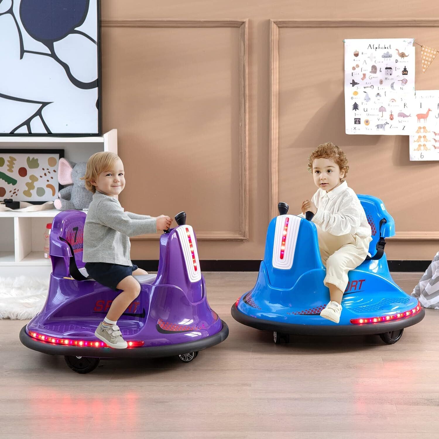 6V Electric Bumper Car for Kids, Double Joystick, 2 Driving Modes, 2.4 GHz Remote Control, 360° Rotation, LED Lights, Adjustable Seat Belt, 3-6 km/h Speed