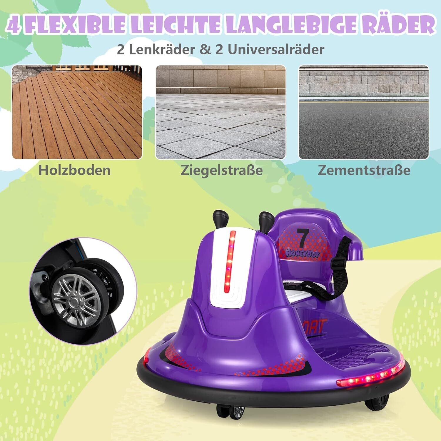 6V Electric Bumper Car for Kids, Double Joystick, 2 Driving Modes, 2.4 GHz Remote Control, 360° Rotation, LED Lights, Adjustable Seat Belt, 3-6 km/h Speed
