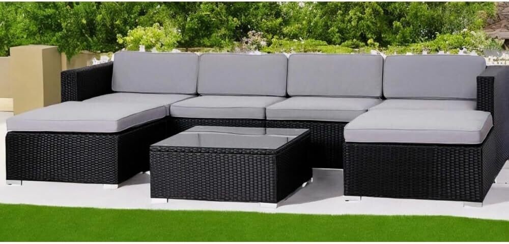 Durable Poly Rattan Lightweight 6-Seater Sofa with Coffee Table – Outdoor Garden Furniture Set for Patio and Balcony