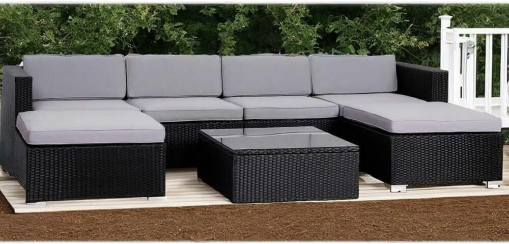 Durable Poly Rattan Lightweight 6-Seater Sofa with Coffee Table – Outdoor Garden Furniture Set for Patio and Balcony