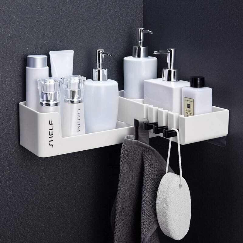 Bathroom Shelves Rotatable Corner Shower Caddy – Drill-Free, Wall-Mounted Bathroom Corner Rack Organiser with 4 Hooks, Waterproof Adhesive Shower Basket
