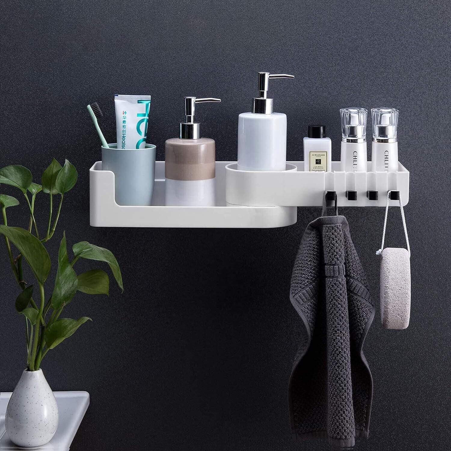 Bathroom Shelves Rotatable Corner Shower Caddy – Drill-Free, Wall-Mounted Bathroom Corner Rack Organiser with 4 Hooks, Waterproof Adhesive Shower Basket