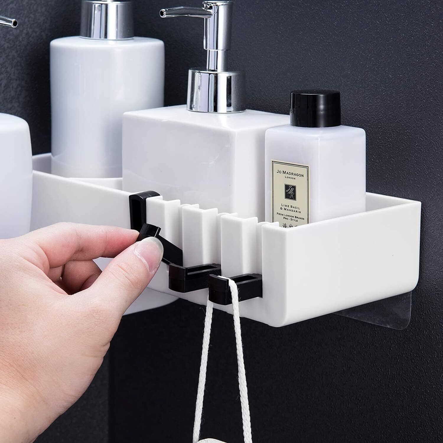 Bathroom Shelves Rotatable Corner Shower Caddy – Drill-Free, Wall-Mounted Bathroom Corner Rack Organiser with 4 Hooks, Waterproof Adhesive Shower Basket