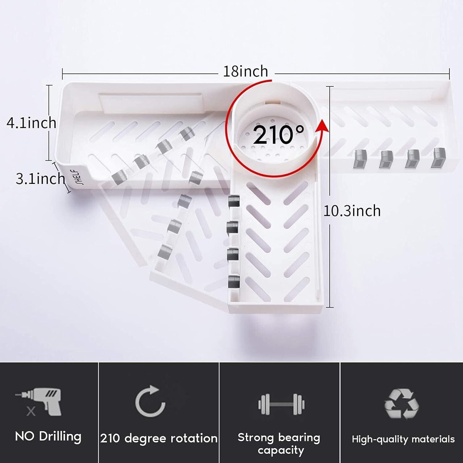 Bathroom Shelves Rotatable Corner Shower Caddy – Drill-Free, Wall-Mounted Bathroom Corner Rack Organiser with 4 Hooks, Waterproof Adhesive Shower Basket