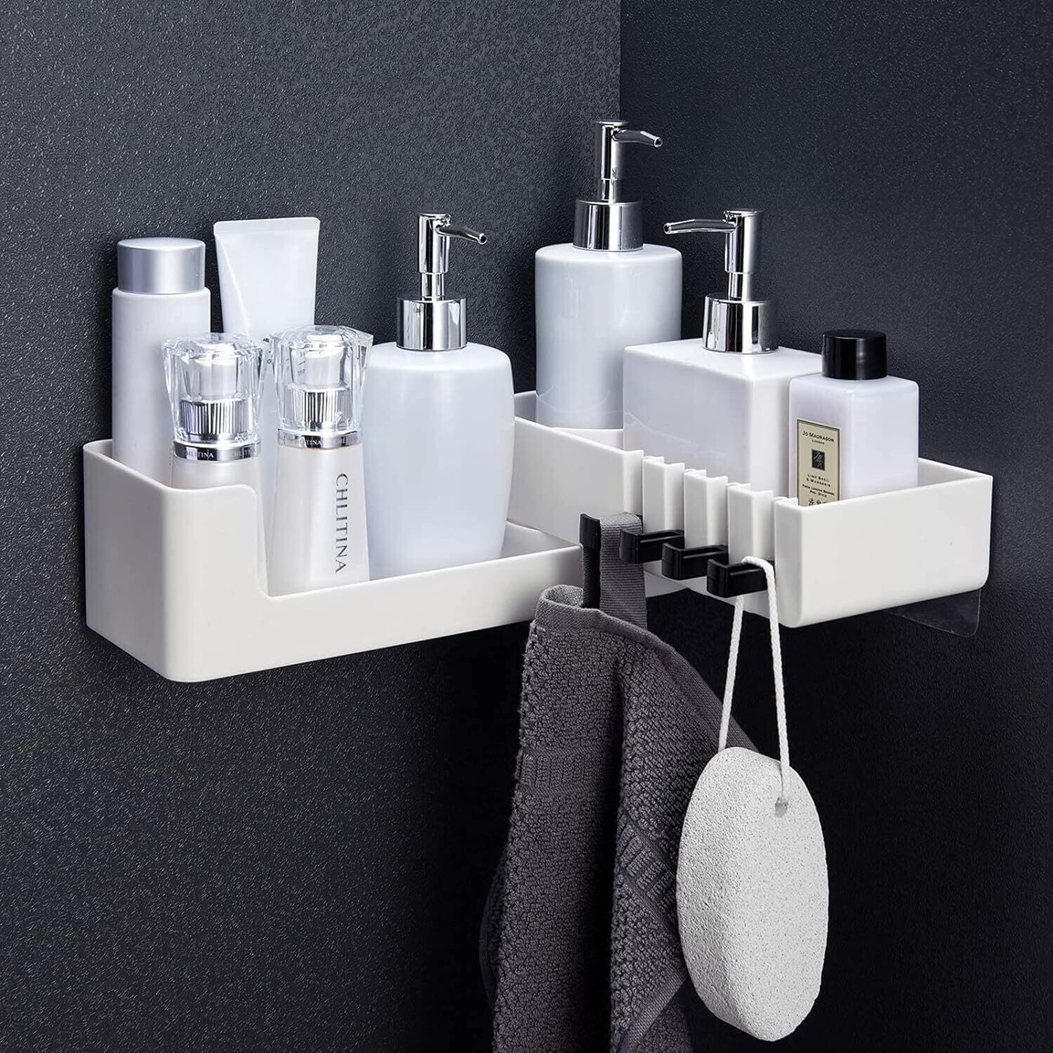 Bathroom Shelves Rotatable Corner Shower Caddy – Drill-Free, Wall-Mounted Bathroom Corner Rack Organiser with 4 Hooks, Waterproof Adhesive Shower Basket
