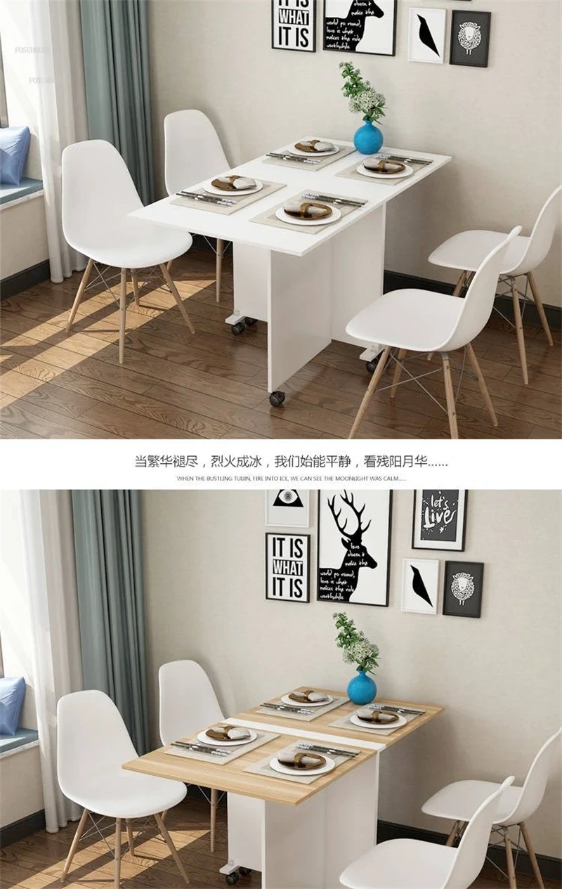 Foldable Dining Table with Casters in Teak, Space-Saving Compact Design for Easy Storage