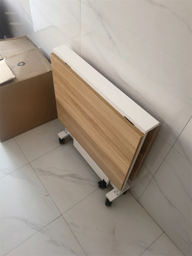 Foldable Dining Table with Casters in Teak, Space-Saving Compact Design for Easy Storage