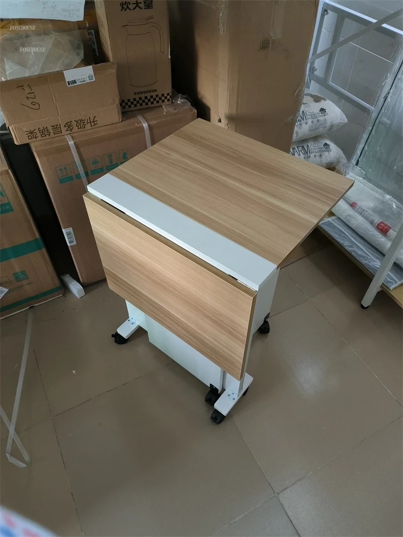 Foldable Dining Table with Casters in Teak, Space-Saving Compact Design for Easy Storage