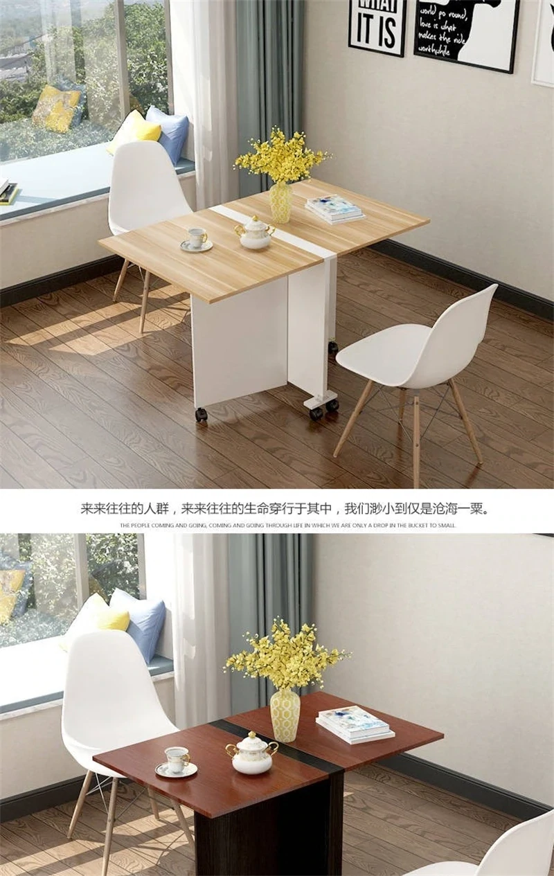 Foldable Dining Table with Casters in Teak, Space-Saving Compact Design for Easy Storage