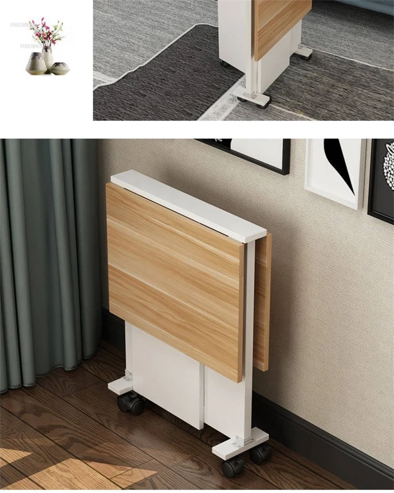 Foldable Dining Table with Casters in Teak, Space-Saving Compact Design for Easy Storage