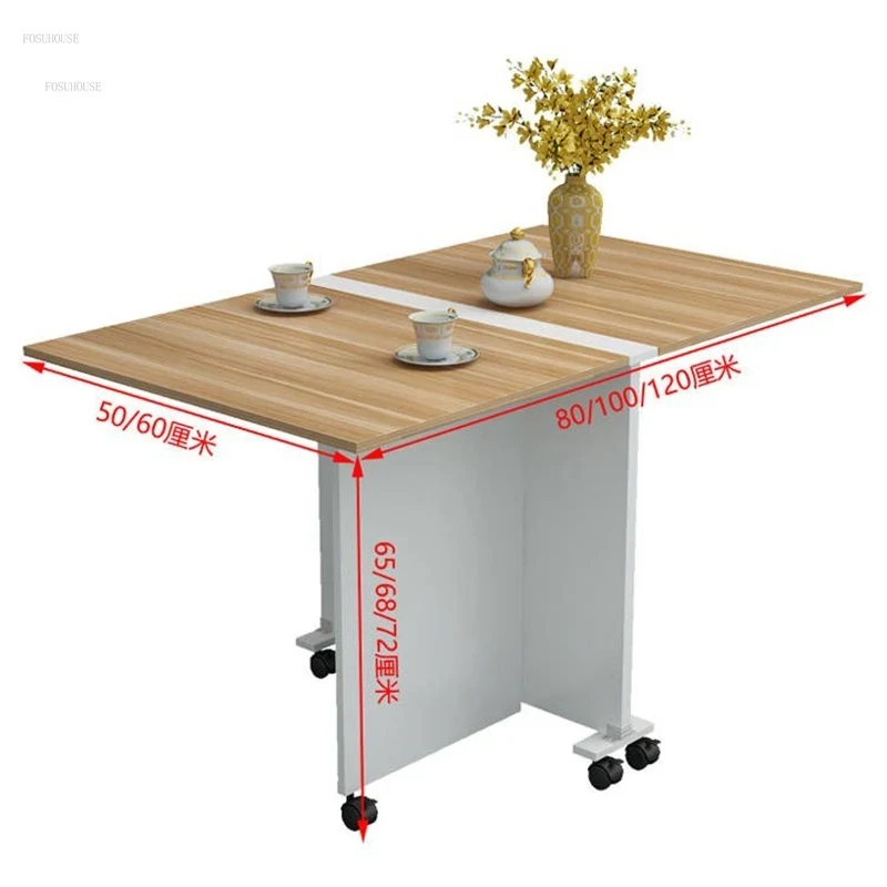 Foldable Dining Table with Casters in Teak, Space-Saving Compact Design for Easy Storage
