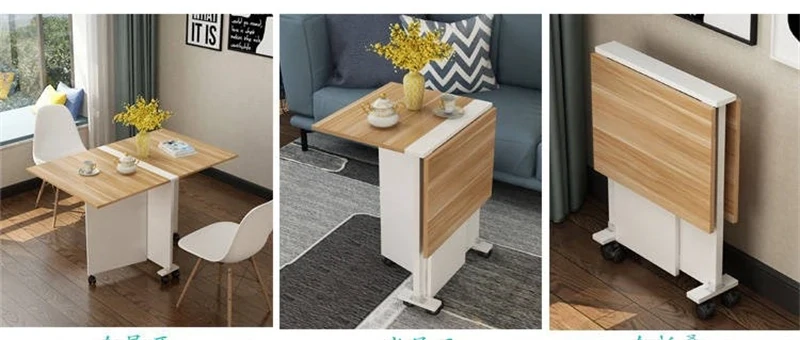 Foldable Dining Table with Casters in Teak, Space-Saving Compact Design for Easy Storage