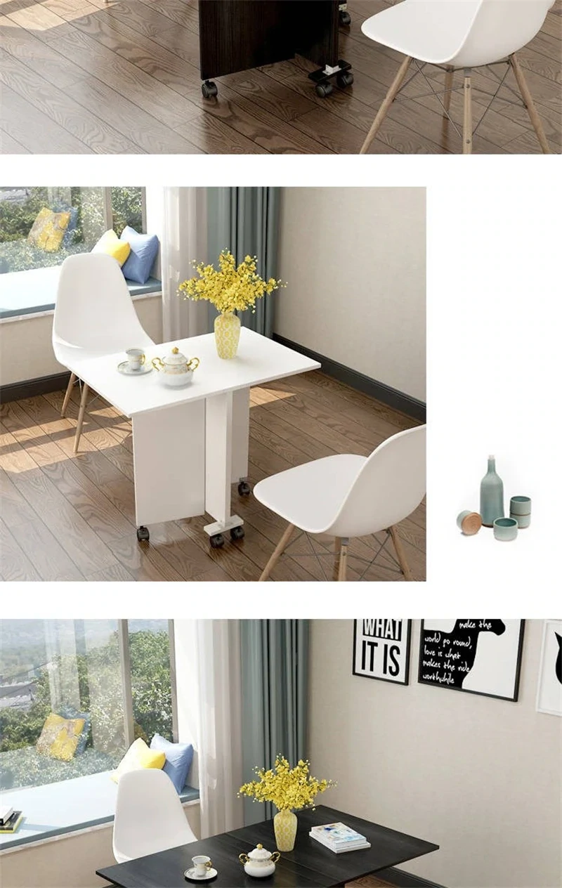 Foldable Dining Table with Casters in Teak, Space-Saving Compact Design for Easy Storage
