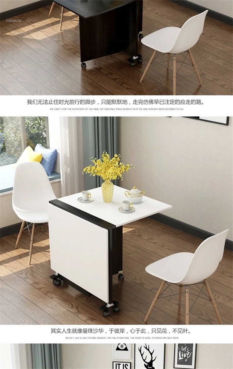 Foldable Dining Table with Casters in Teak, Space-Saving Compact Design for Easy Storage