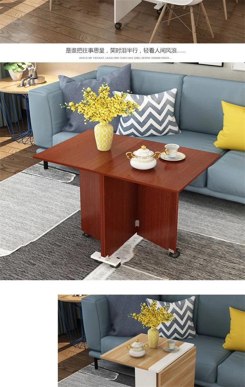 Foldable Dining Table with Casters in Teak, Space-Saving Compact Design for Easy Storage