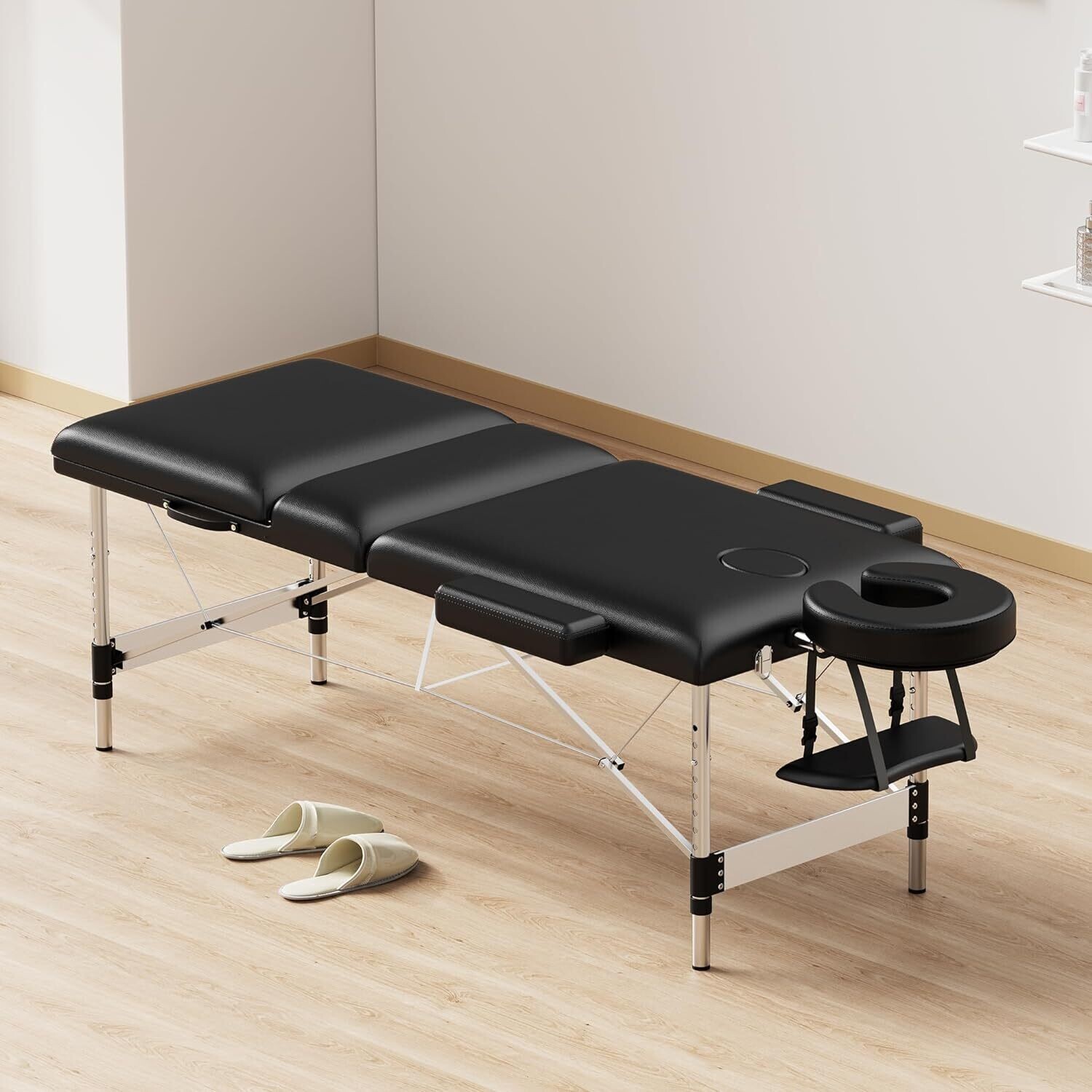 3 Zones 70 cm Upgrade Width, Height-Adjustable Aluminium Foldable Massage Table/bed  with Black Adjustable Rolling Massage Cushion  Hydraulic Salon Stool, 5 Wheels