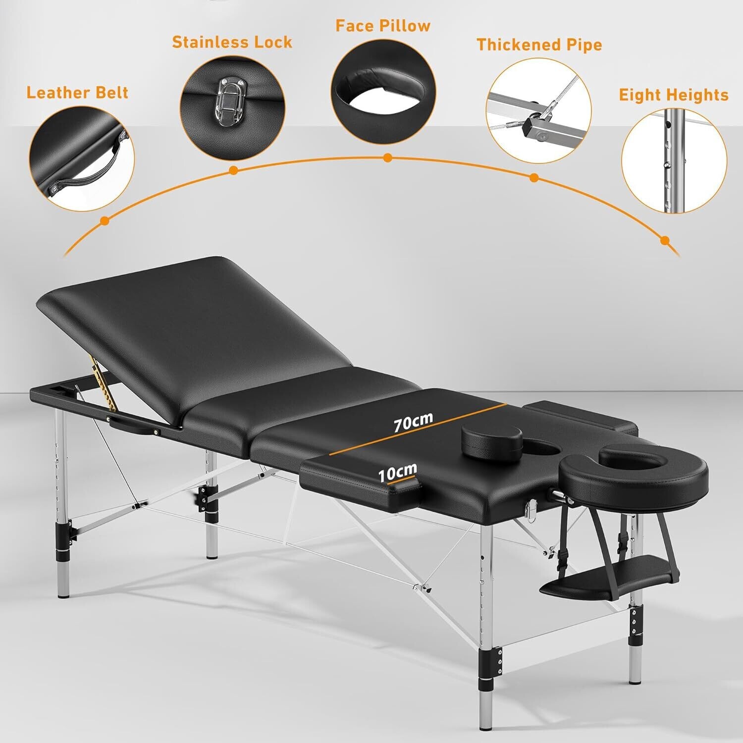 3 Zones 70 cm Upgrade Width, Height-Adjustable Aluminium Foldable Massage Table/bed  with Black Adjustable Rolling Massage Cushion  Hydraulic Salon Stool, 5 Wheels