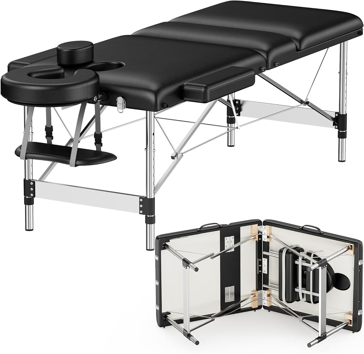 3 Zones 70 cm Upgrade Width, Height-Adjustable Aluminium Foldable Massage Table/bed  with Black Adjustable Rolling Massage Cushion  Hydraulic Salon Stool, 5 Wheels