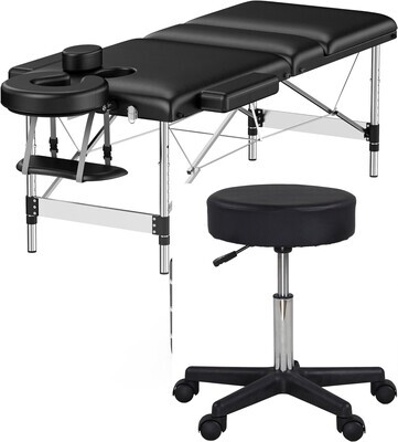 3 Zones 70 cm Upgrade Width, Height-Adjustable Aluminium Foldable Massage Table/bed  with Black Adjustable Rolling Massage Cushion  Hydraulic Salon Stool, 5 Wheels