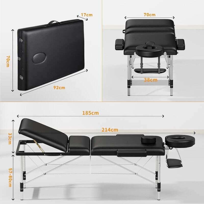 3 Zones 70 cm Upgrade Width, Height-Adjustable Aluminium Foldable Massage Table/bed  with Black Adjustable Rolling Massage Cushion  Hydraulic Salon Stool, 5 Wheels