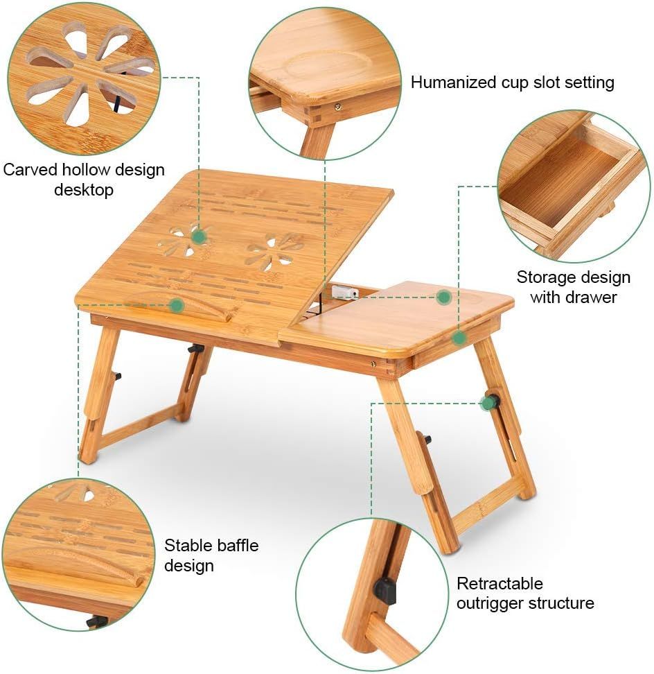 Folding Laptop Table for Sofa or Bed with Mobile Phone Holder, Pen Holder, and Convenient Drawer Storage