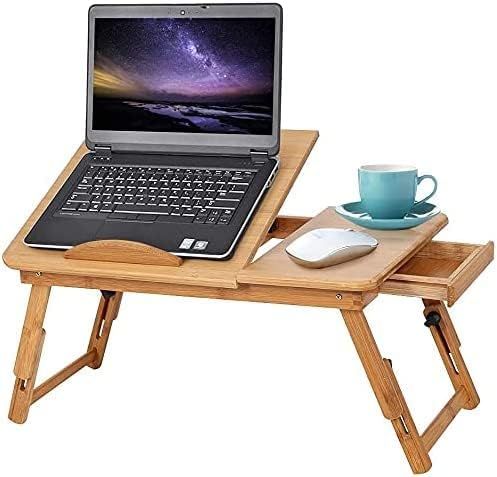 Folding Laptop Table for Sofa or Bed with Mobile Phone Holder, Pen Holder, and Convenient Drawer Storage
