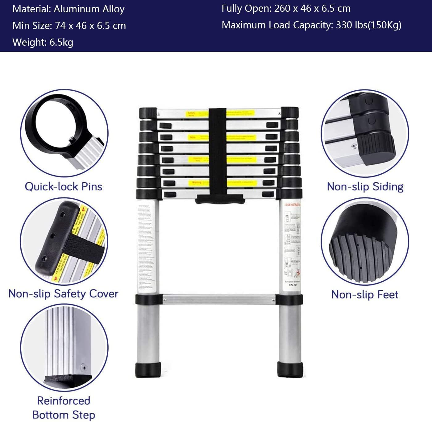 2.6M, Aluminum Multi-Purpose Extendable Telescoping Ladder (8.5ft/2.6m), Max Load 150kg/330lb