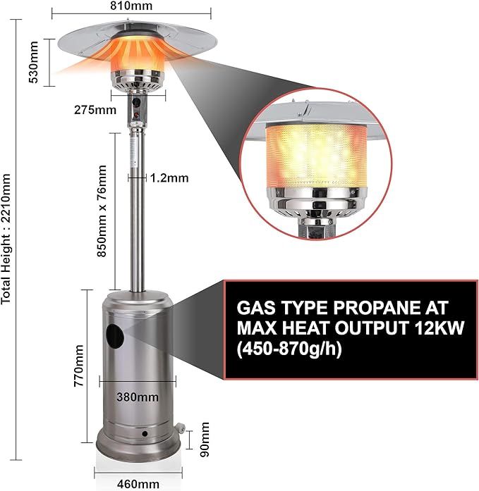 Outdoor Gas Patio Heater – Freestanding Outdoor Garden Heater Burner with Portable Wheels, Perfect for Garden Gatherings, BBQ Parties and much more, Adjustable Heat, Propane, 12KW {Silver}