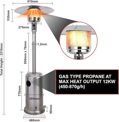 Outdoor Gas Patio Heater – Freestanding Outdoor Garden Heater Burner with Portable Wheels, Perfect for Garden Gatherings, BBQ Parties and much more, Adjustable Heat, Propane, 12KW {Silver}
