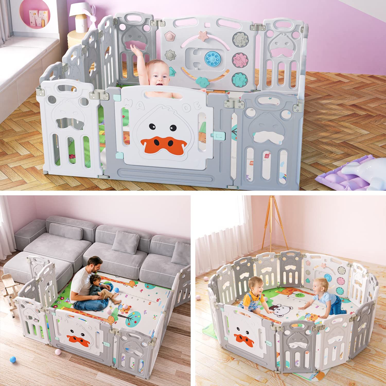 Grey/White Baby Playpen | Foldable 14-Panel Protective Gate with Crawling Mat