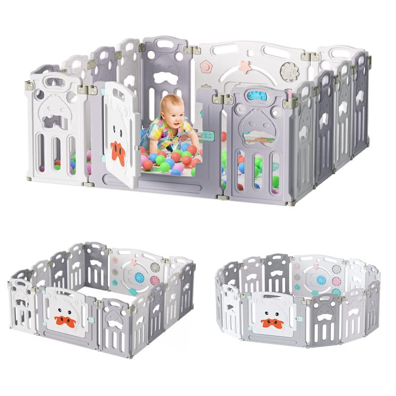 Grey/White Baby Playpen | Foldable 14-Panel Protective Gate with Crawling Mat