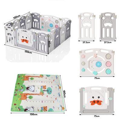 Grey/White Baby Playpen | Foldable 14-Panel Protective Gate with Crawling Mat