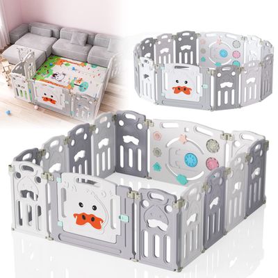 Grey/White Baby Playpen | Foldable 14-Panel Protective Gate with Crawling Mat