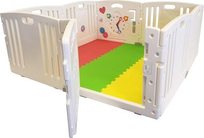 Baby Playpen | Multi-Award Winning, Easy Assemble, Customizable 8-Panel Play Pen with Play Mats, Activity Panel &amp; Gate, Size: White