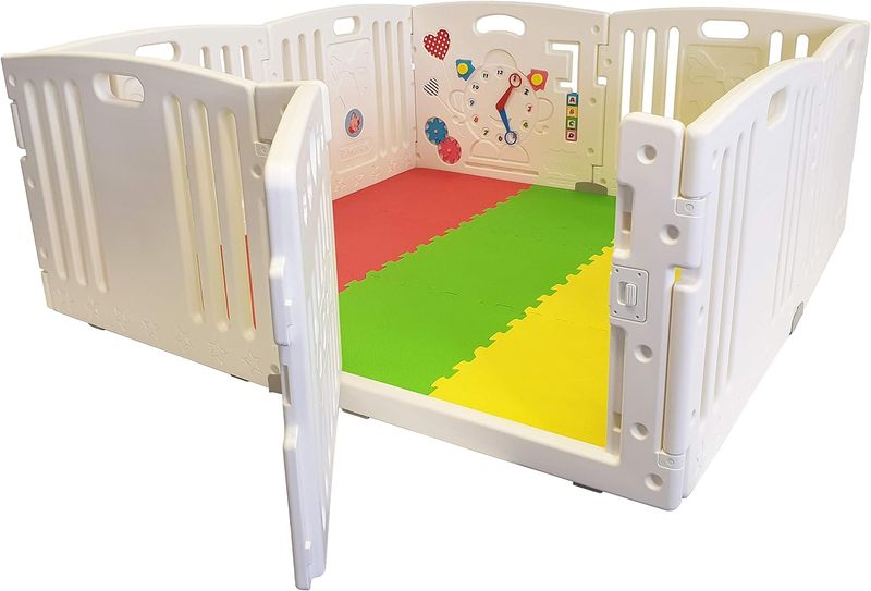 Baby Playpen | Multi-Award Winning, Easy Assemble, Customizable 8-Panel Play Pen with Play Mats, Activity Panel &amp; Gate, Size: White