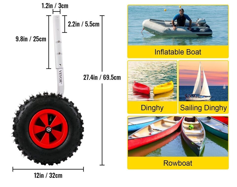 Boat Launching wheel 500 LBS capacity, 30.5 cm tire, for boats and dinghies