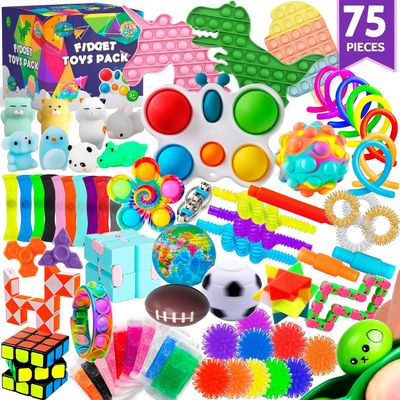75-Piece Fidget Toy Set for Kids – Party Favors, Classroom Stress Relief Prizes, and Treasure Chest Goody Bag with Pop-Its for Autism and ADHD – Bulk Fidget Box Gift