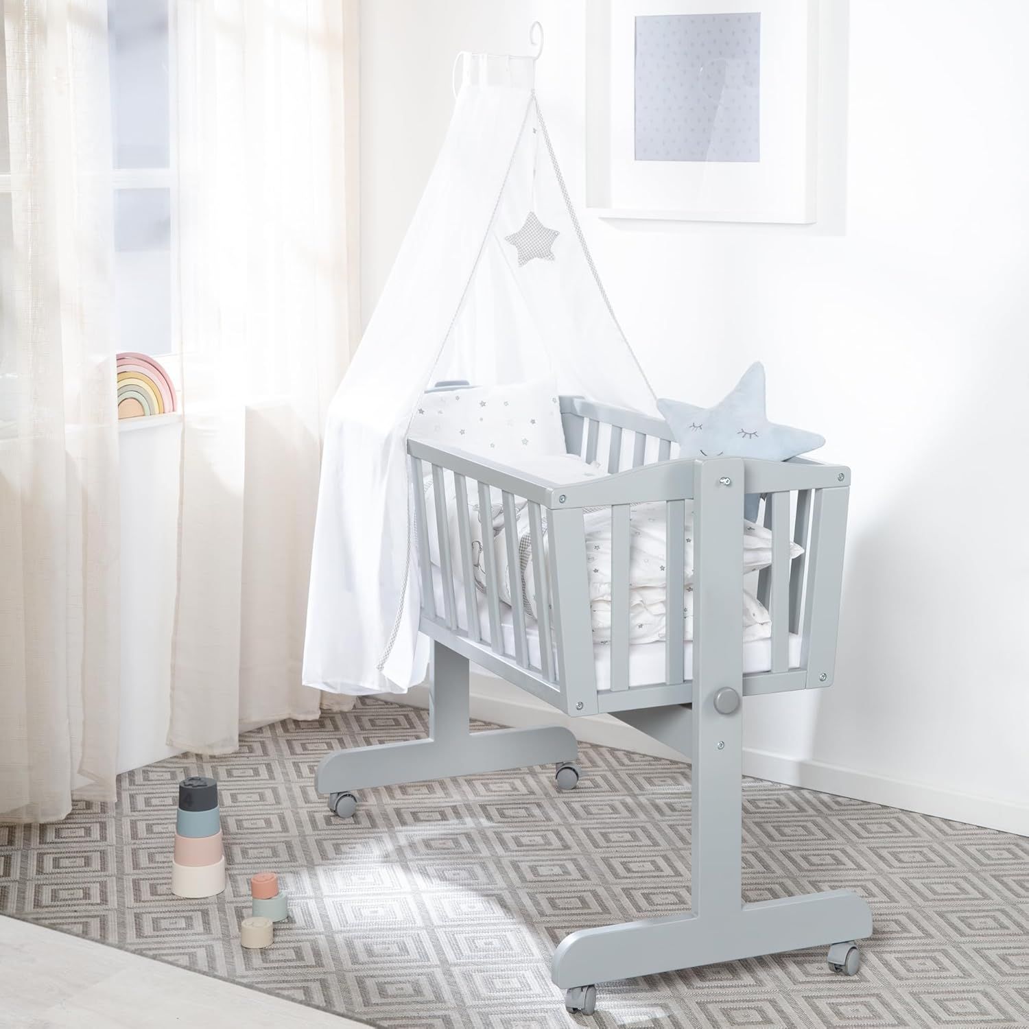 Complete Cradle Set Baby Cradle with Mattress 40 x 90 cm, Adjustable Function with Locking Knob, Brake Roller Set, Portable Crib for Babies, Infant Sleep Solution