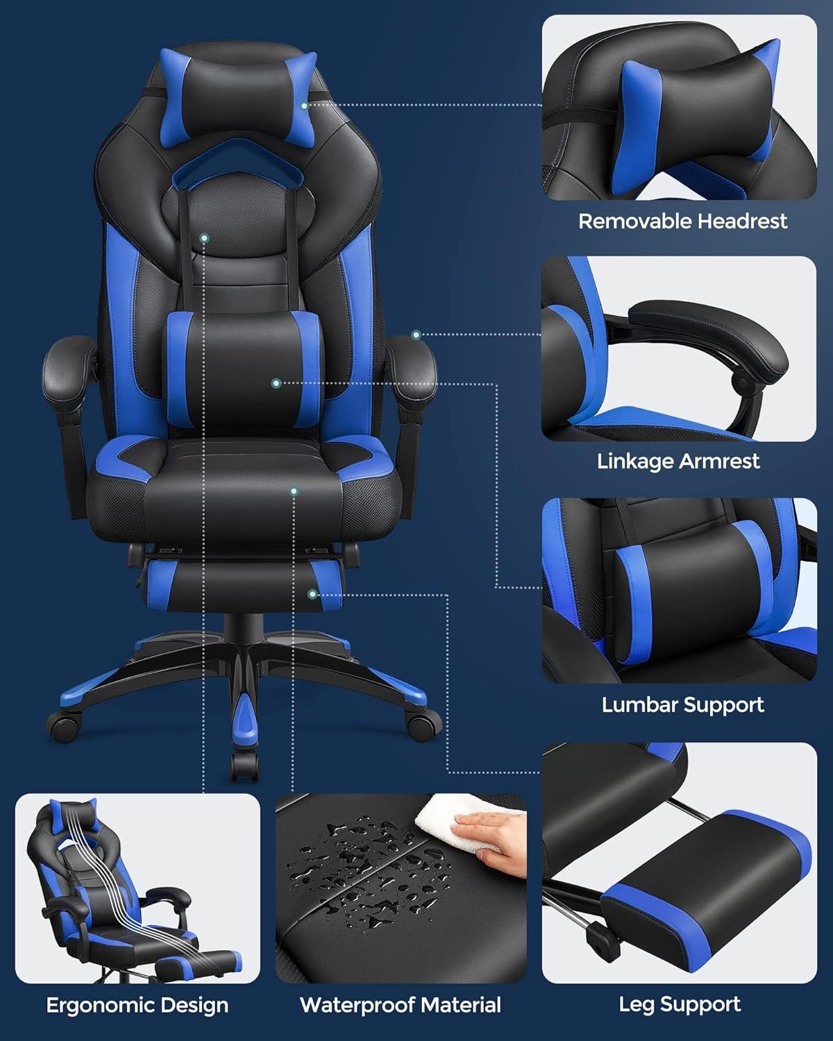 Computer Gaming Chair Armchair Rocking Reclining Chair with PU Leather, Ergonomic Office Chair, Adjustable Height, Lumbar Support for Gaming and Office Use