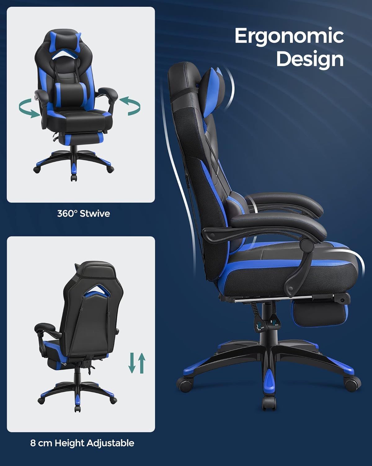 Computer Gaming Chair Armchair Rocking Reclining Chair with PU Leather, Ergonomic Office Chair, Adjustable Height, Lumbar Support for Gaming and Office Use