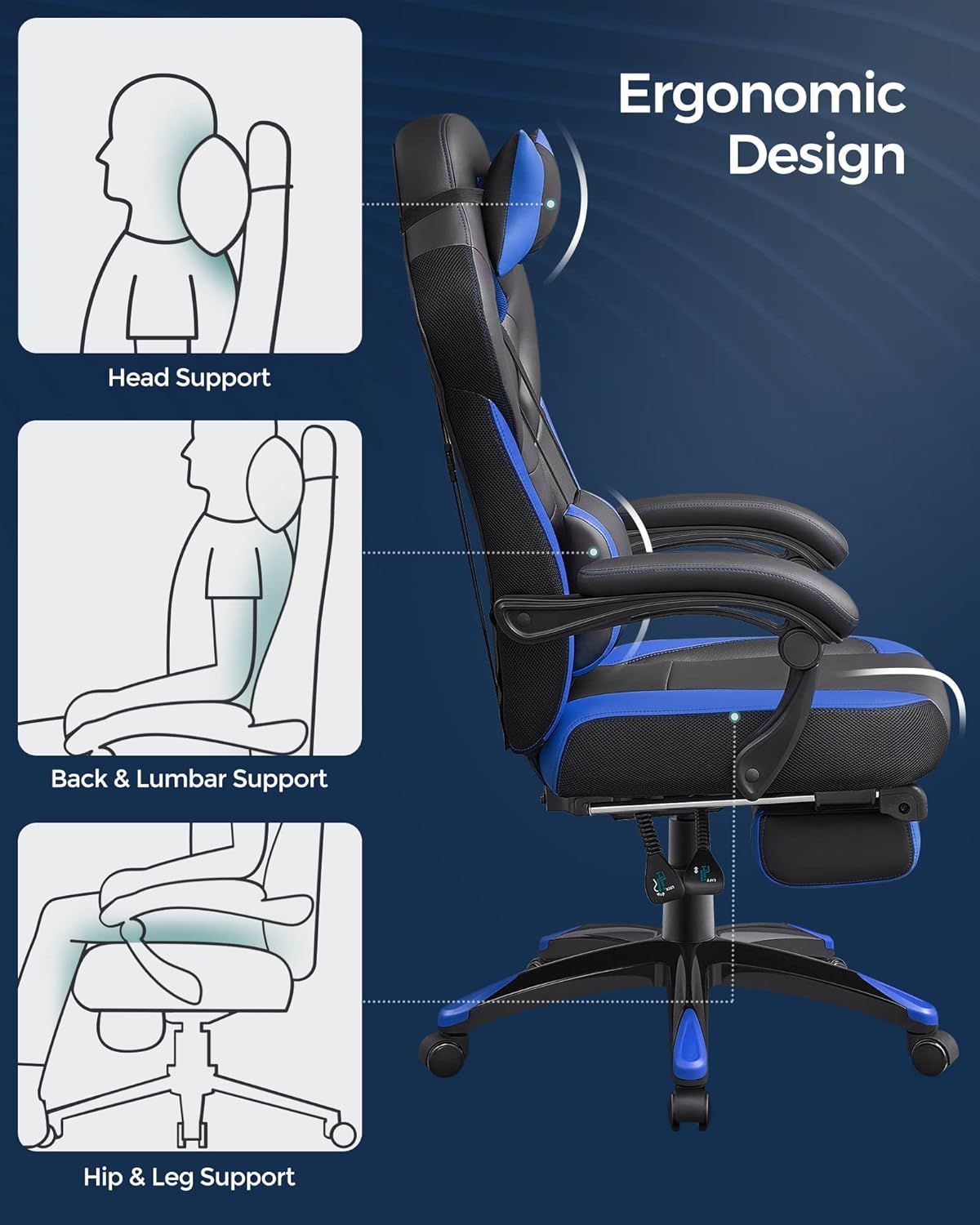 Computer Gaming Chair Armchair Rocking Reclining Chair with PU Leather, Ergonomic Office Chair, Adjustable Height, Lumbar Support for Gaming and Office Use