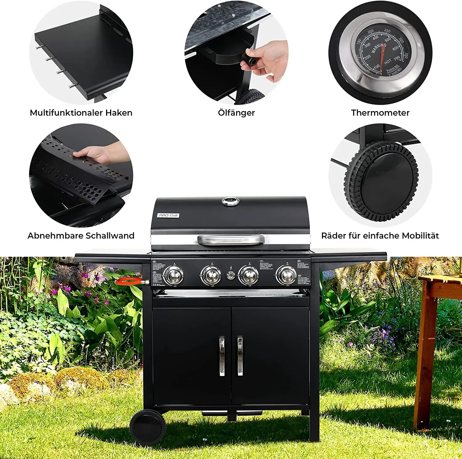 4 Burner Gas Barbecue Grill, Master Gas Grill, Gas BBQ,  Cart, High Performance Burner, Ignition, with Thermometer, Large Grill Area, Cooking Grill, Support Grill, 4 x 1000BTU/2.93KW for Garden, Patio