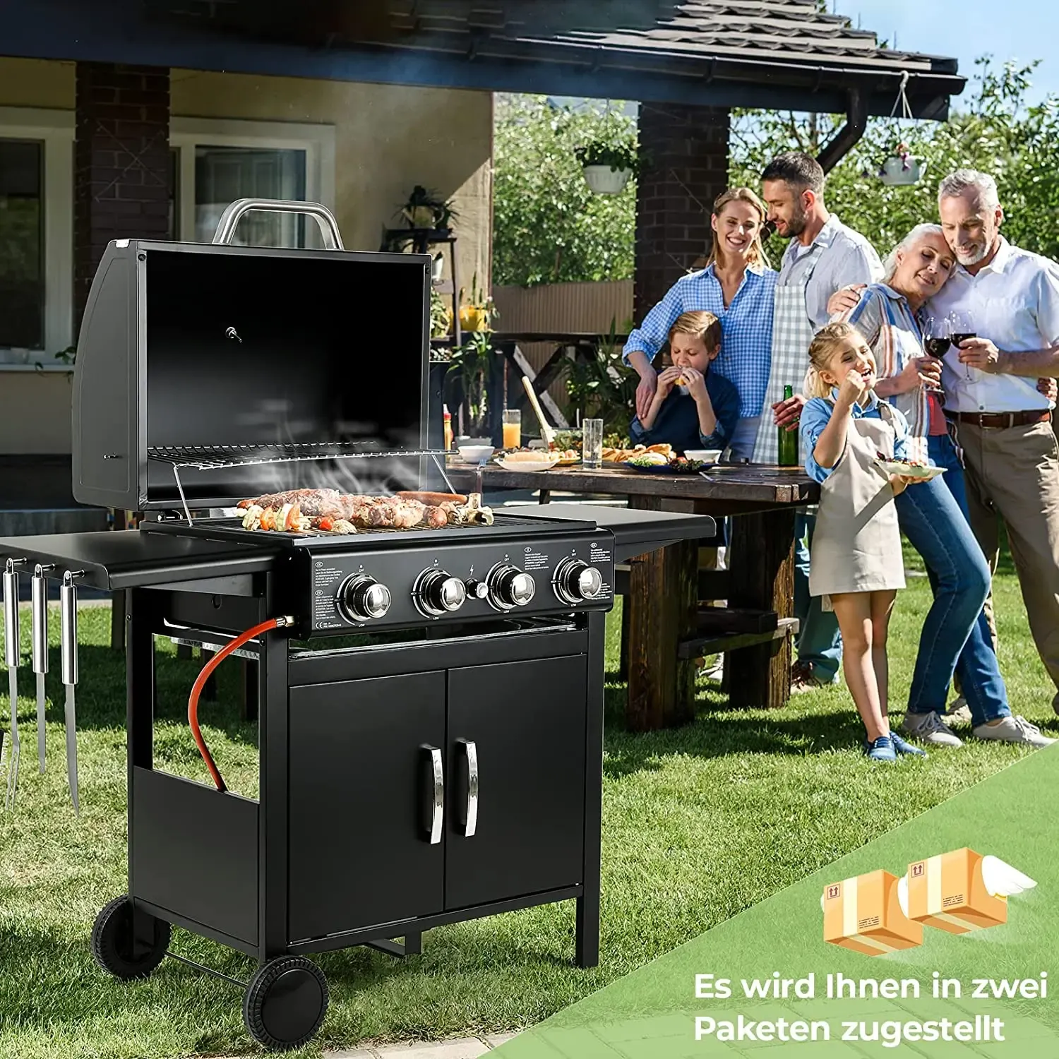 4 Burner Gas Barbecue Grill, Master Gas Grill, Gas BBQ,  Cart, High Performance Burner, Ignition, with Thermometer, Large Grill Area, Cooking Grill, Support Grill, 4 x 1000BTU/2.93KW for Garden, Patio