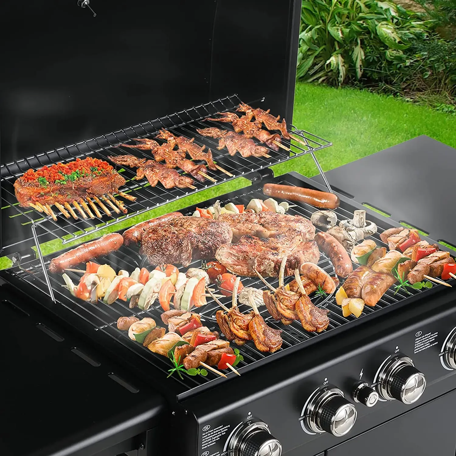 4 Burner Gas Barbecue Grill, Master Gas Grill, Gas BBQ,  Cart, High Performance Burner, Ignition, with Thermometer, Large Grill Area, Cooking Grill, Support Grill, 4 x 1000BTU/2.93KW for Garden, Patio