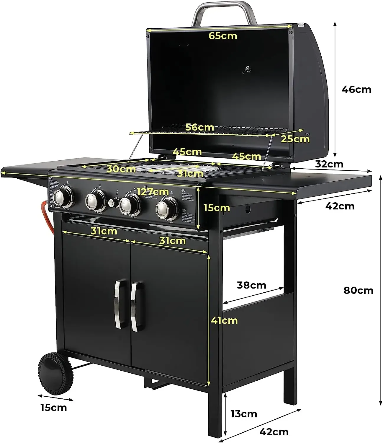 4 Burner Gas Barbecue Grill, Master Gas Grill, Gas BBQ,  Cart, High Performance Burner, Ignition, with Thermometer, Large Grill Area, Cooking Grill, Support Grill, 4 x 1000BTU/2.93KW for Garden, Patio