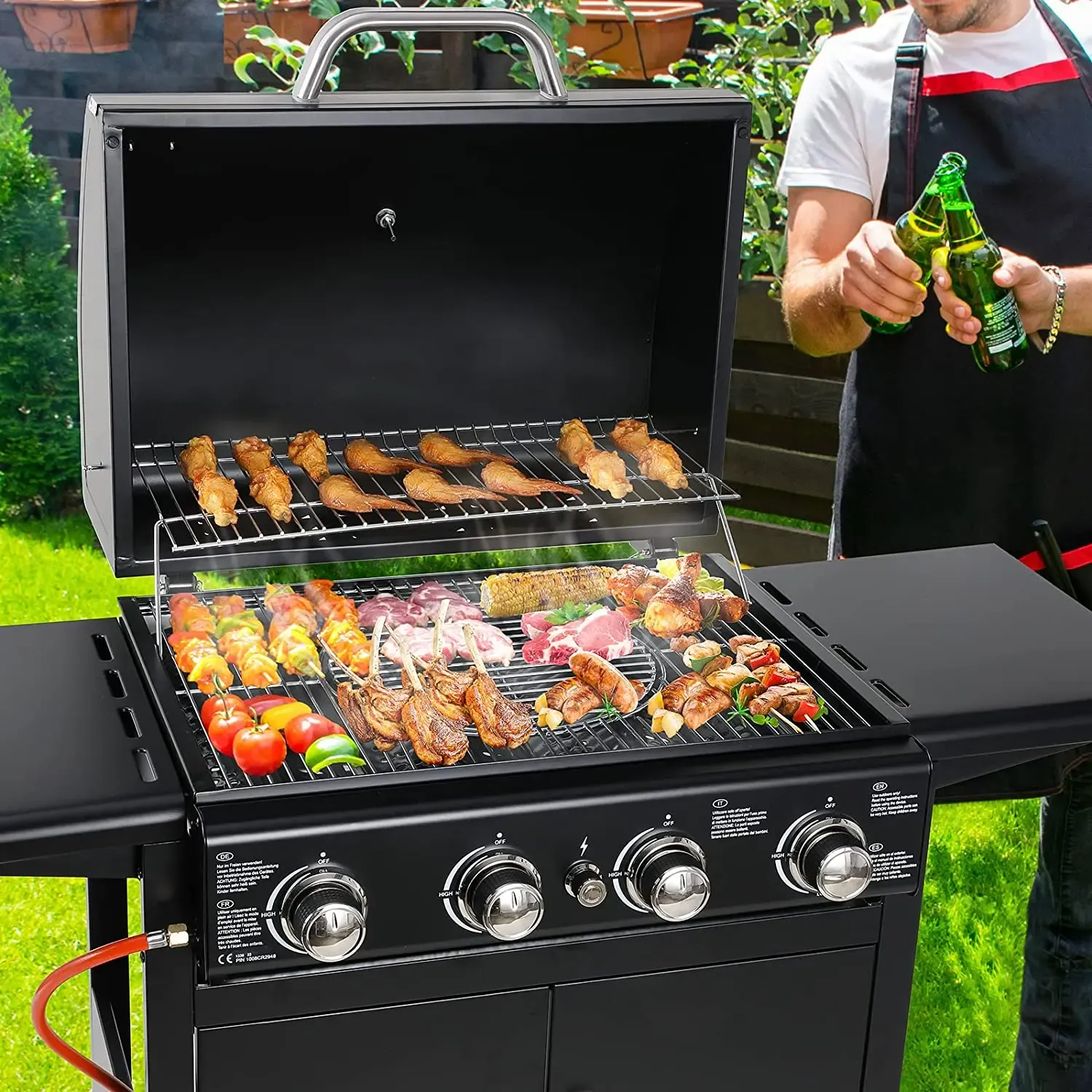 4 Burner Gas Barbecue Grill, Master Gas Grill, Gas BBQ,  Cart, High Performance Burner, Ignition, with Thermometer, Large Grill Area, Cooking Grill, Support Grill, 4 x 1000BTU/2.93KW for Garden, Patio