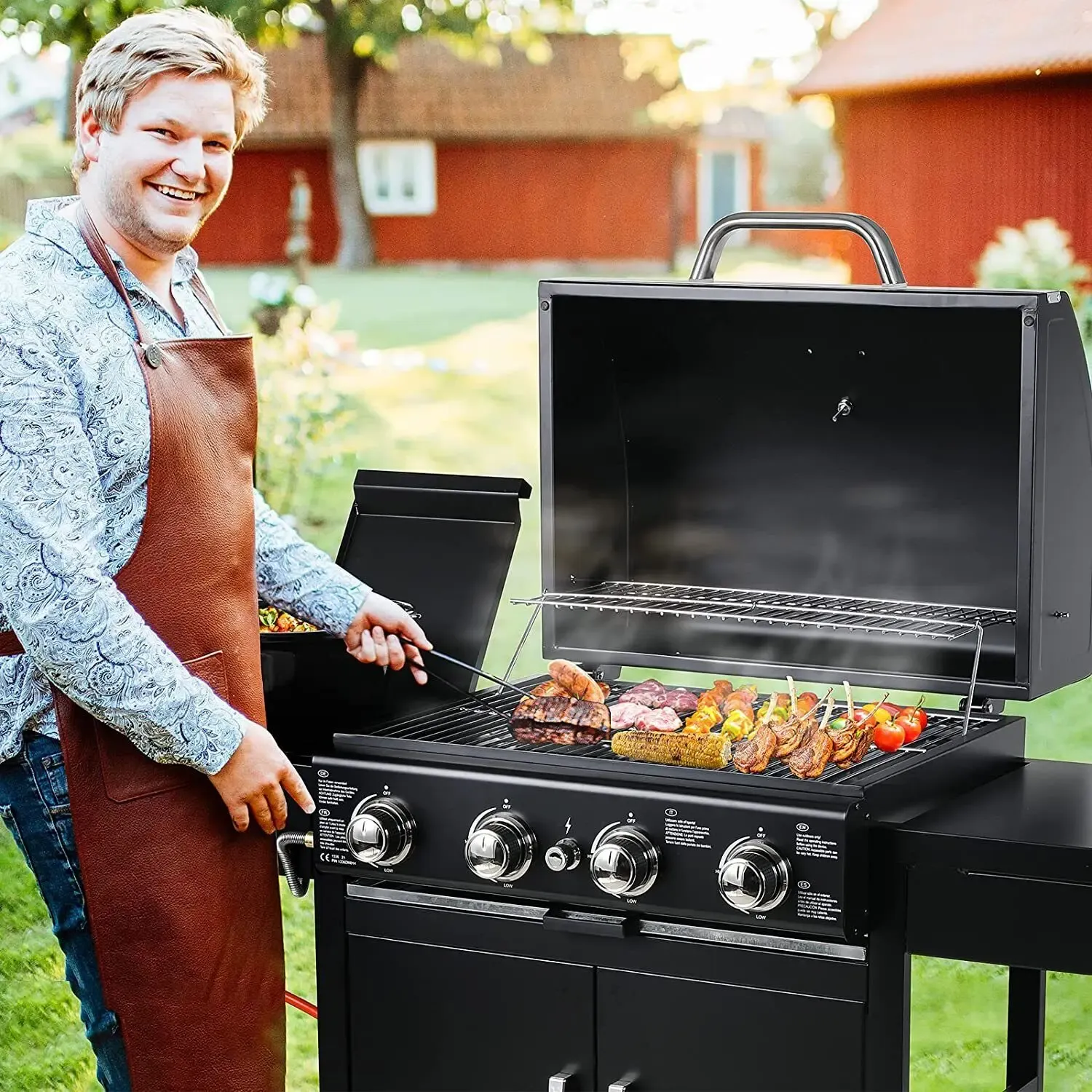4 Burner Gas Barbecue Grill, Master Gas Grill, Gas BBQ,  Cart, High Performance Burner, Ignition, with Thermometer, Large Grill Area, Cooking Grill, Support Grill, 4 x 1000BTU/2.93KW for Garden, Patio