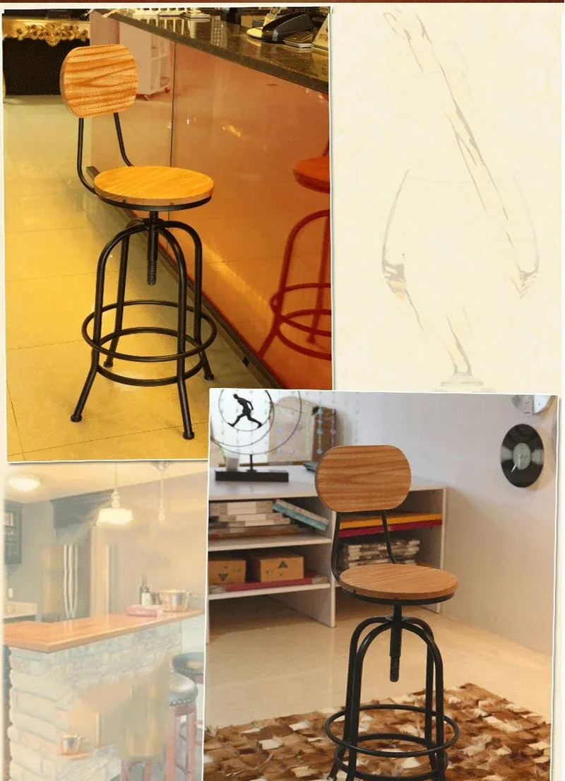 Adjustable Swivel Kitchen Bar Stools - Pinewood Top with Metal Foot and Backrest, Retro Wrought Iron Design for Dining, Cafe, and Loft Spaces - High Stool with Lift Mechanism
