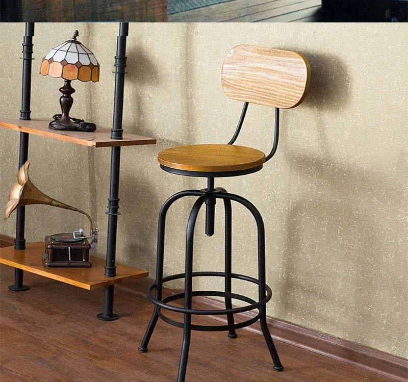 Adjustable Swivel Kitchen Bar Stools - Pinewood Top with Metal Foot and Backrest, Retro Wrought Iron Design for Dining, Cafe, and Loft Spaces - High Stool with Lift Mechanism